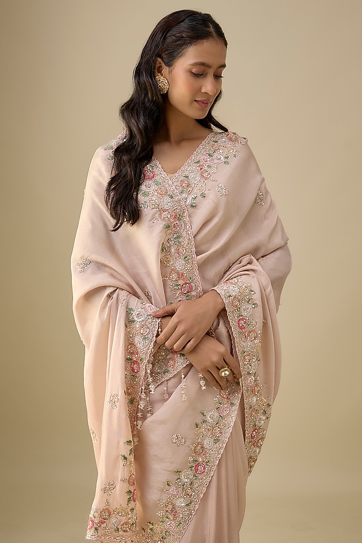Peach Tissue Sequins Embroidered Bridal Saree Set by Kalighata at Pernia's Pop Up Shop