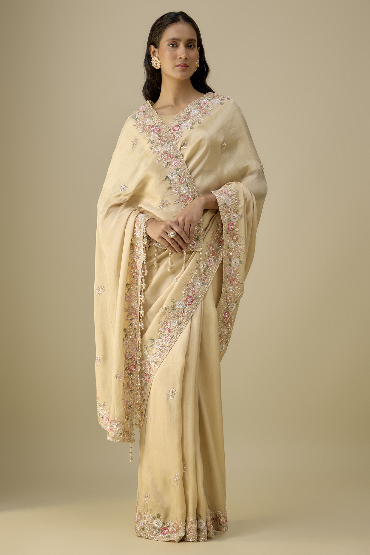 Gold Tissue Sequins Embroidered Bridal Saree Set by Kalighata at Pernia's Pop Up Shop