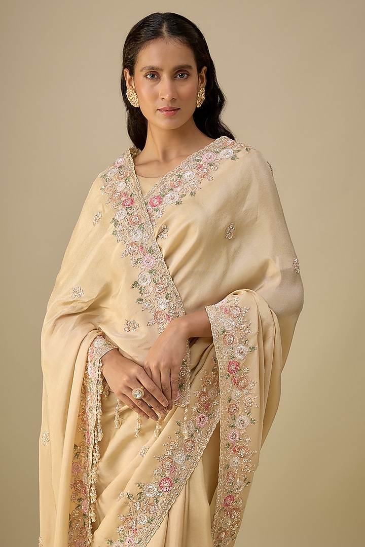 Gold Tissue Sequins Embroidered Bridal Saree Set by Kalighata at Pernia's Pop Up Shop