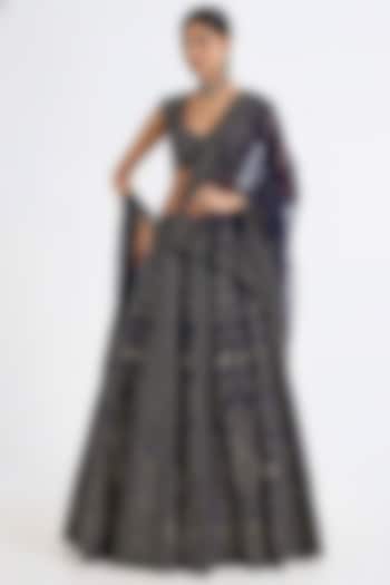 Navy Raw Silk Hand & Machine Embroidered Bridal Lehenga Set by Kalighata at Pernia's Pop Up Shop