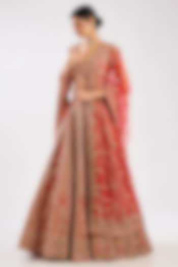 Red Raw Silk Zari Hand & Machine Embroidered Bridal Lehenga Set by Kalighata at Pernia's Pop Up Shop