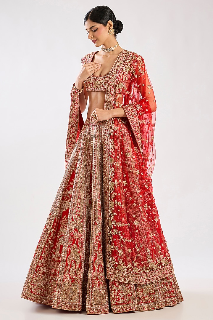 Red Raw Silk Zari Hand & Machine Embroidered Bridal Lehenga Set by Kalighata at Pernia's Pop Up Shop