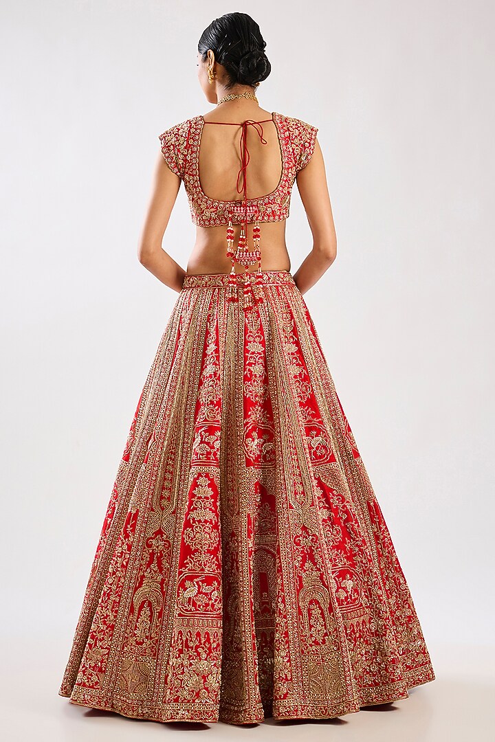 Red Raw Silk Zari Hand & Machine Embroidered Bridal Lehenga Set by Kalighata at Pernia's Pop Up Shop