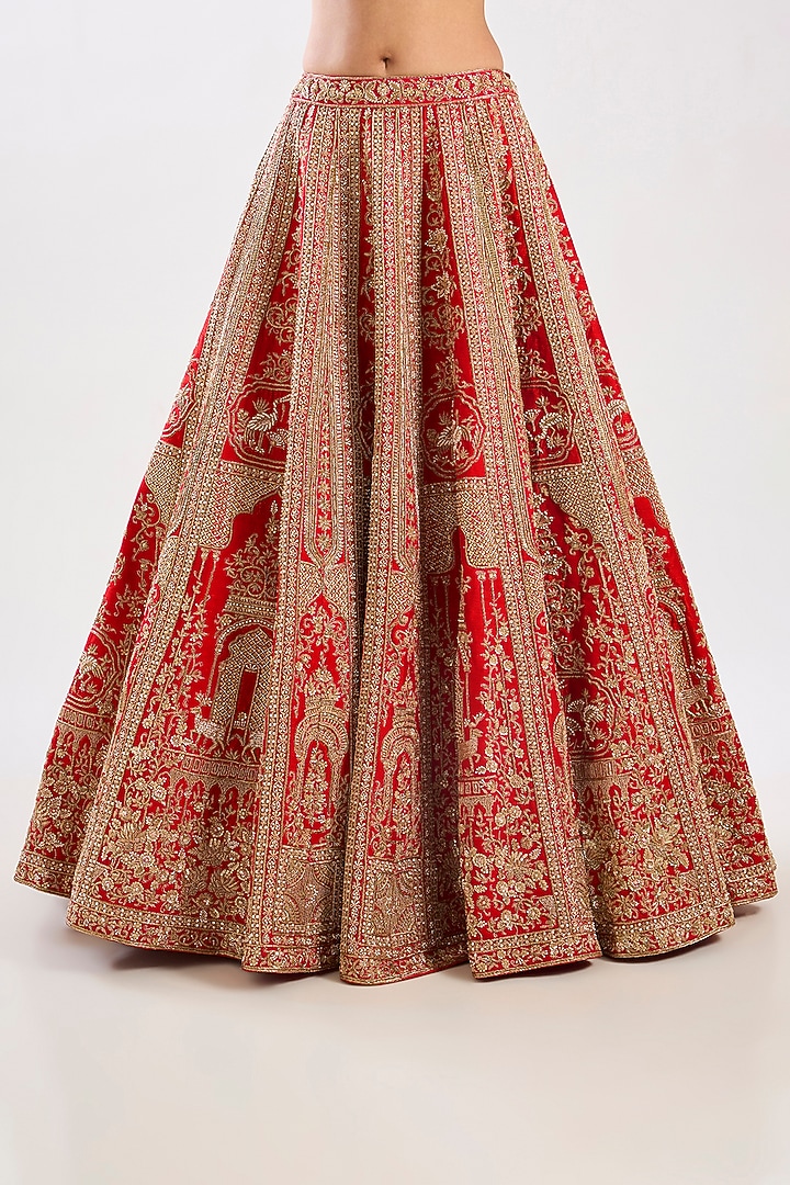 Red Raw Silk Zari Hand & Machine Embroidered Bridal Lehenga Set by Kalighata at Pernia's Pop Up Shop