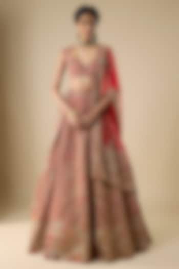 Red Raw Silk Zari Hand & Machine Embroidered Bridal Lehenga Set by Kalighata at Pernia's Pop Up Shop