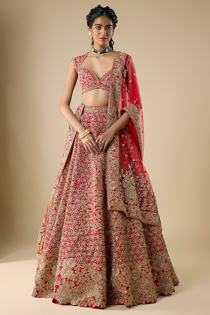 Red Raw Silk Zari Hand & Machine Embroidered Bridal Lehenga Set by Kalighata at Pernia's Pop Up Shop