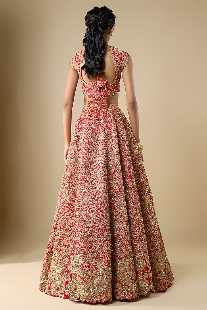 Red Raw Silk Zari Hand & Machine Embroidered Bridal Lehenga Set by Kalighata at Pernia's Pop Up Shop