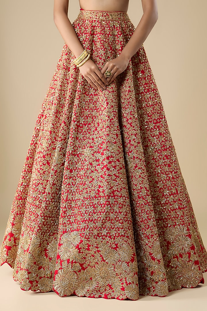 Red Raw Silk Zari Hand & Machine Embroidered Bridal Lehenga Set by Kalighata at Pernia's Pop Up Shop