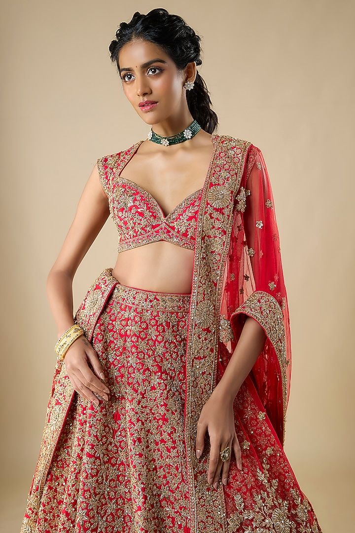 Red Raw Silk Zari Hand & Machine Embroidered Bridal Lehenga Set by Kalighata at Pernia's Pop Up Shop