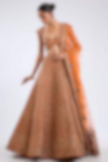 Rust Raw Silk Zari Embroidered Bridal Lehenga Set by Kalighata at Pernia's Pop Up Shop