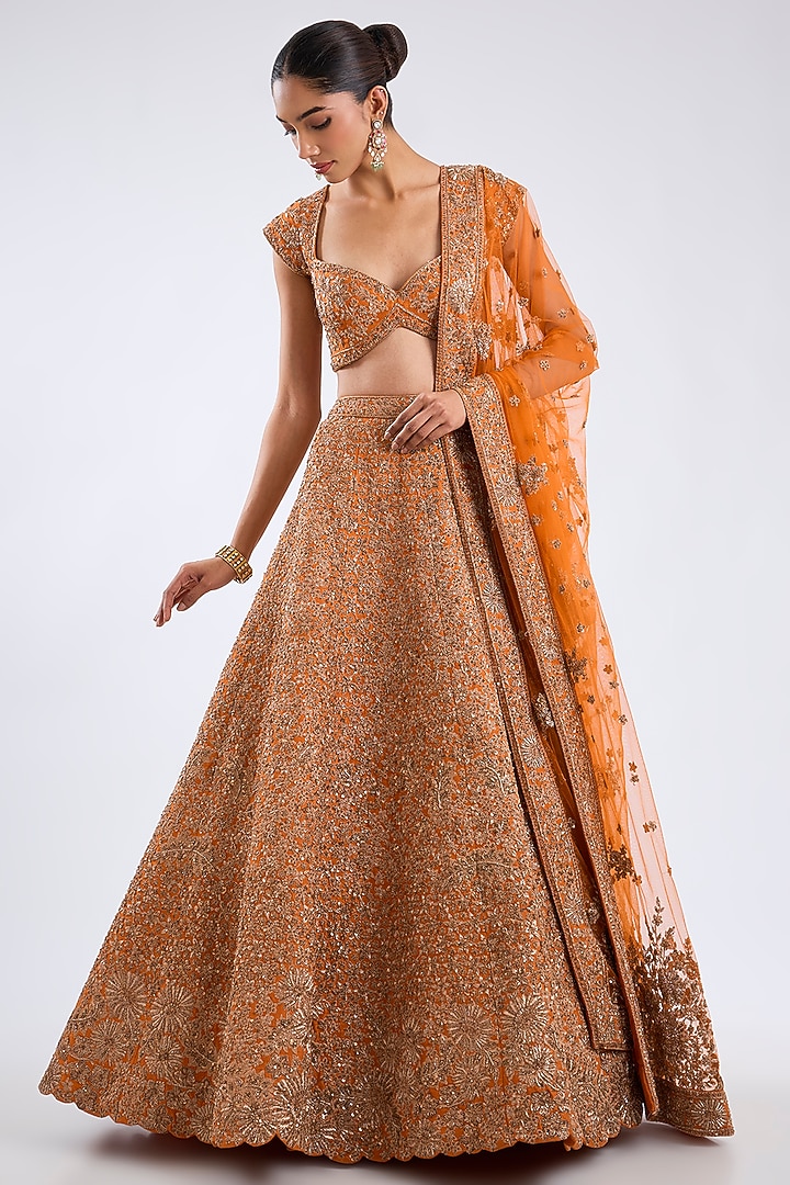 Rust Raw Silk Zari Embroidered Bridal Lehenga Set by Kalighata at Pernia's Pop Up Shop