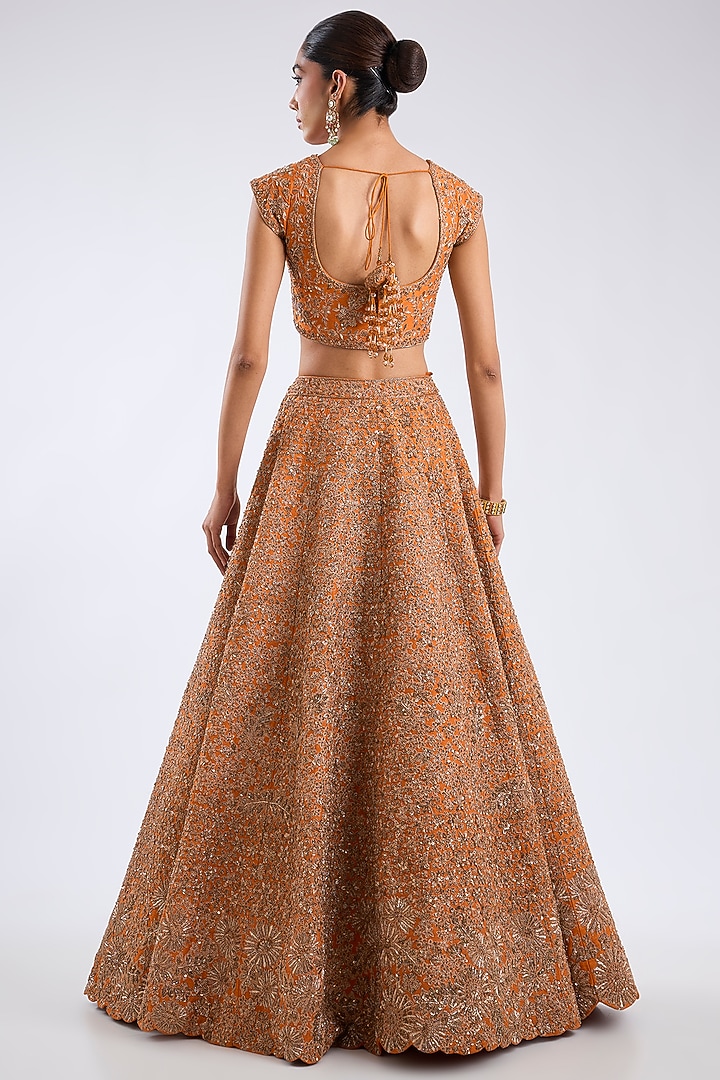 Rust Raw Silk Zari Embroidered Bridal Lehenga Set by Kalighata at Pernia's Pop Up Shop
