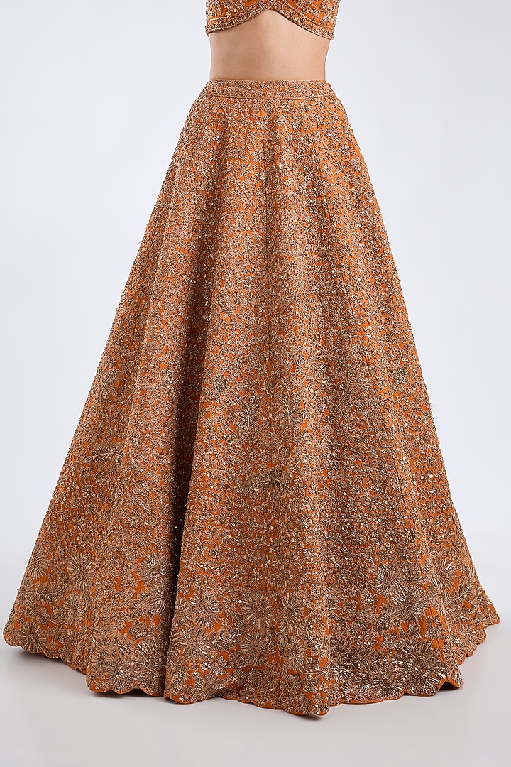Rust Raw Silk Zari Embroidered Bridal Lehenga Set by Kalighata at Pernia's Pop Up Shop