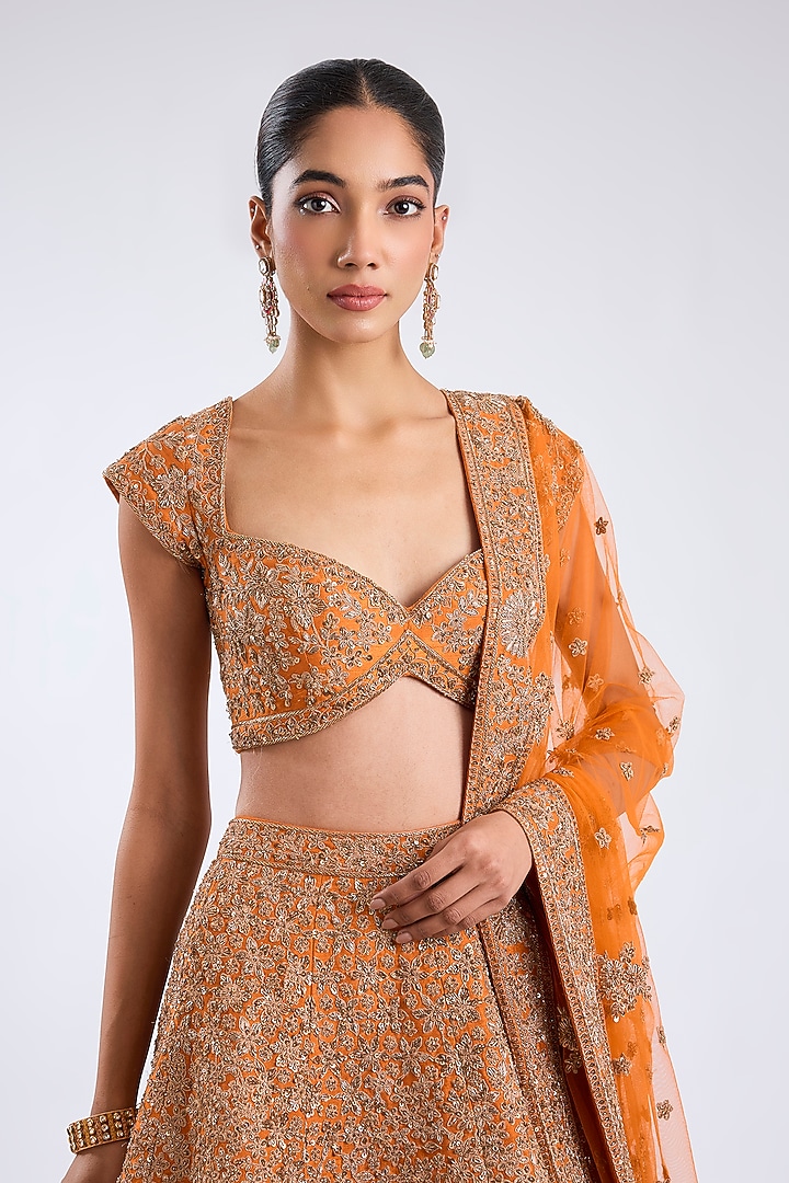 Rust Raw Silk Zari Embroidered Bridal Lehenga Set by Kalighata at Pernia's Pop Up Shop