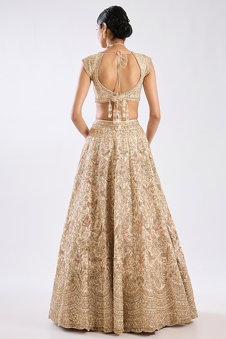 Peach Raw Silk Zari Hand & Machine Embroidered Bridal Lehenga Set by Kalighata at Pernia's Pop Up Shop
