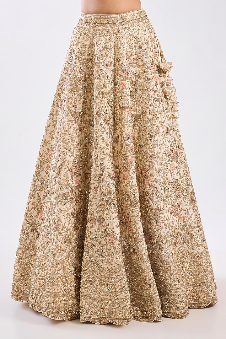 Peach Raw Silk Zari Hand & Machine Embroidered Bridal Lehenga Set by Kalighata at Pernia's Pop Up Shop