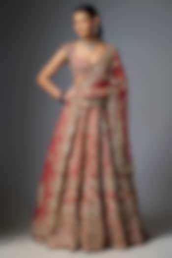 Red Raw Silk Zari Embroidered Bridal Lehenga Set by Kalighata at Pernia's Pop Up Shop