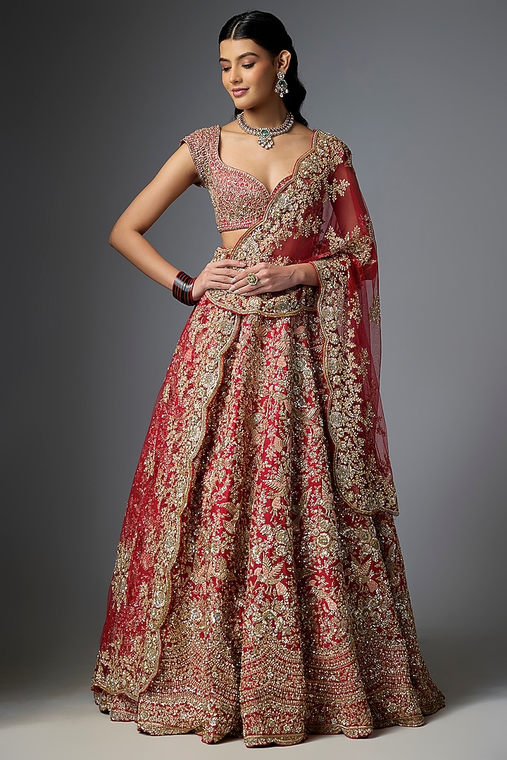 Red Raw Silk Zari Embroidered Bridal Lehenga Set by Kalighata at Pernia's Pop Up Shop