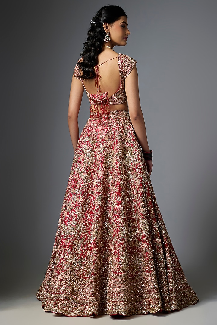 Red Raw Silk Zari Embroidered Bridal Lehenga Set by Kalighata at Pernia's Pop Up Shop