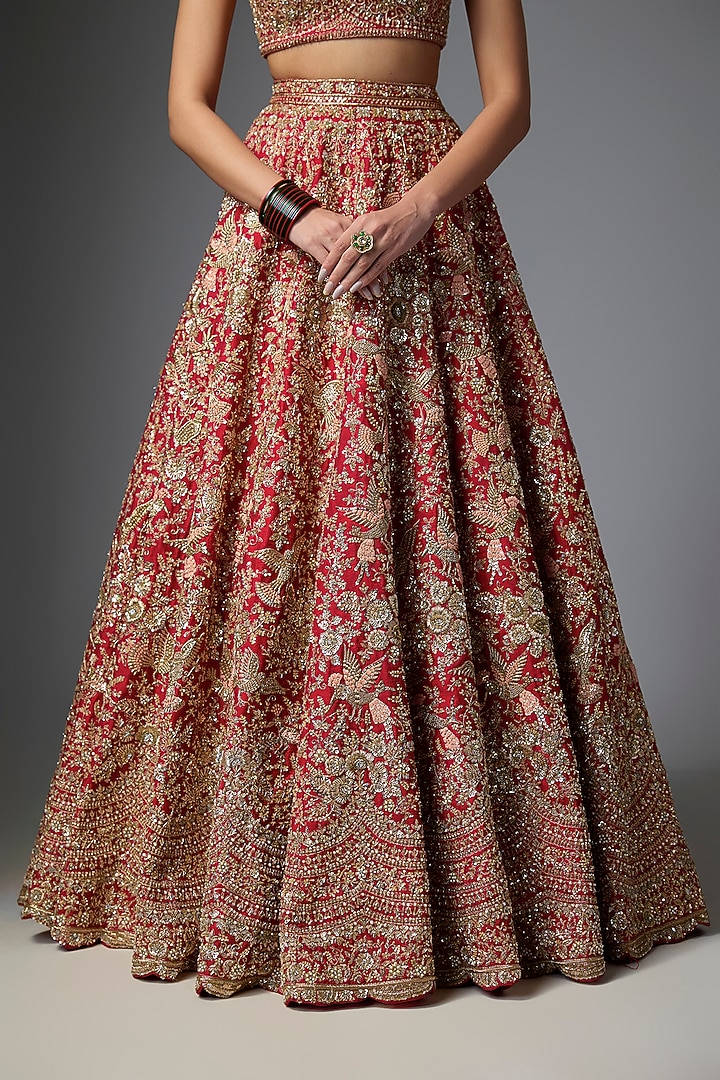 Red Raw Silk Zari Embroidered Bridal Lehenga Set by Kalighata at Pernia's Pop Up Shop