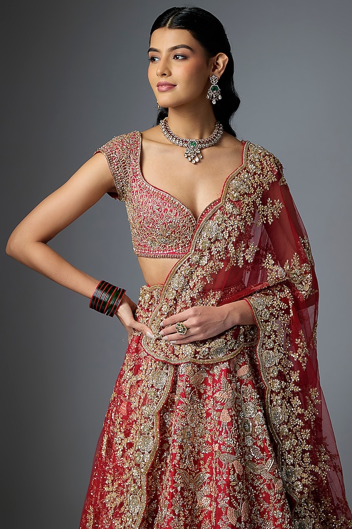 Red Raw Silk Zari Embroidered Bridal Lehenga Set by Kalighata at Pernia's Pop Up Shop