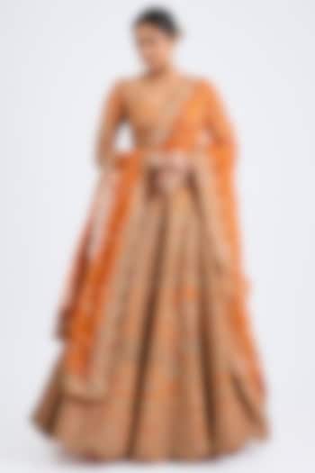 Rust Raw Silk Zari Hand Embroidered Bridal Lehenga Set by Kalighata at Pernia's Pop Up Shop
