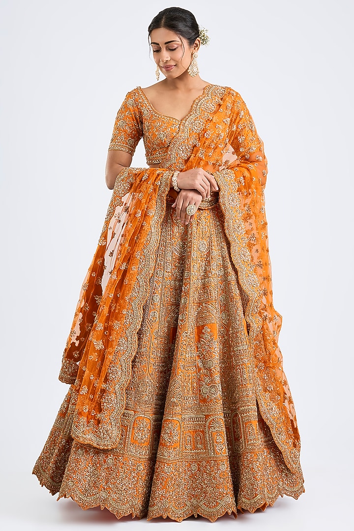 Rust Raw Silk Zari Hand Embroidered Bridal Lehenga Set by Kalighata at Pernia's Pop Up Shop