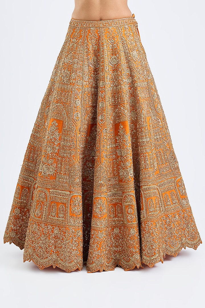 Rust Raw Silk Zari Hand Embroidered Bridal Lehenga Set by Kalighata at Pernia's Pop Up Shop