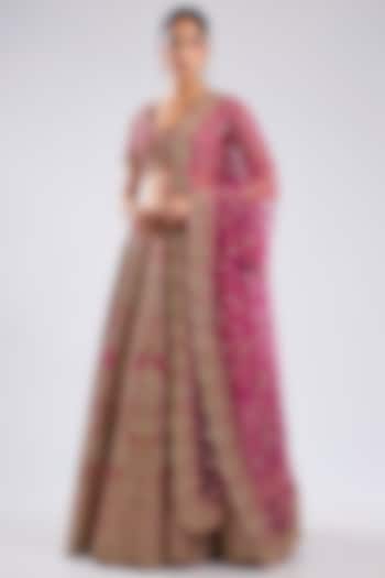 Rani Pink Raw Silk Zari Embroidered Bridal Lehenga Set by Kalighata at Pernia's Pop Up Shop