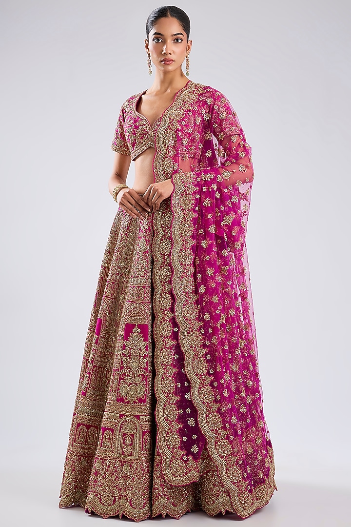 Rani Pink Raw Silk Zari Embroidered Bridal Lehenga Set by Kalighata at Pernia's Pop Up Shop