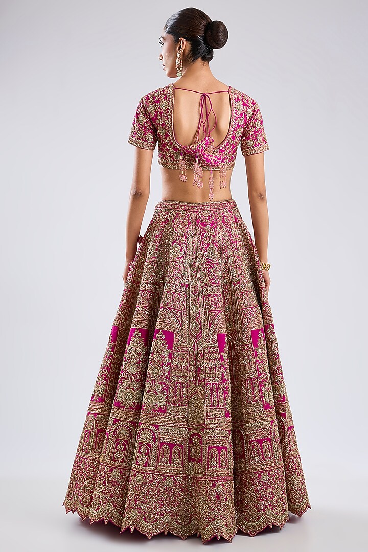 Rani Pink Raw Silk Zari Embroidered Bridal Lehenga Set by Kalighata at Pernia's Pop Up Shop