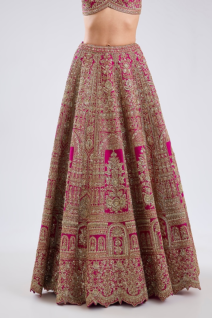 Rani Pink Raw Silk Zari Embroidered Bridal Lehenga Set by Kalighata at Pernia's Pop Up Shop
