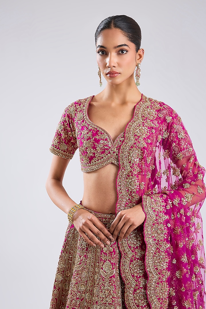Rani Pink Raw Silk Zari Embroidered Bridal Lehenga Set by Kalighata at Pernia's Pop Up Shop