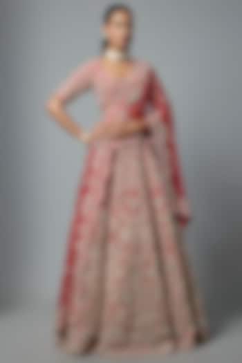 Red Raw Silk Embroidered Bridal Lehenga Set by Kalighata at Pernia's Pop Up Shop
