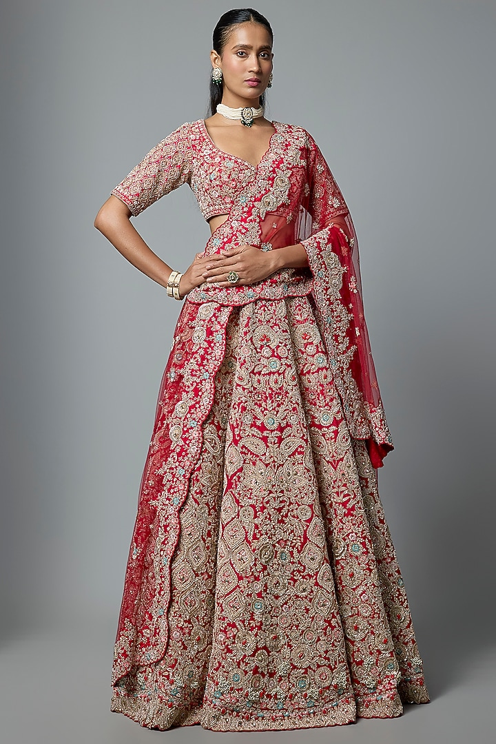 Red Raw Silk Embroidered Bridal Lehenga Set by Kalighata at Pernia's Pop Up Shop