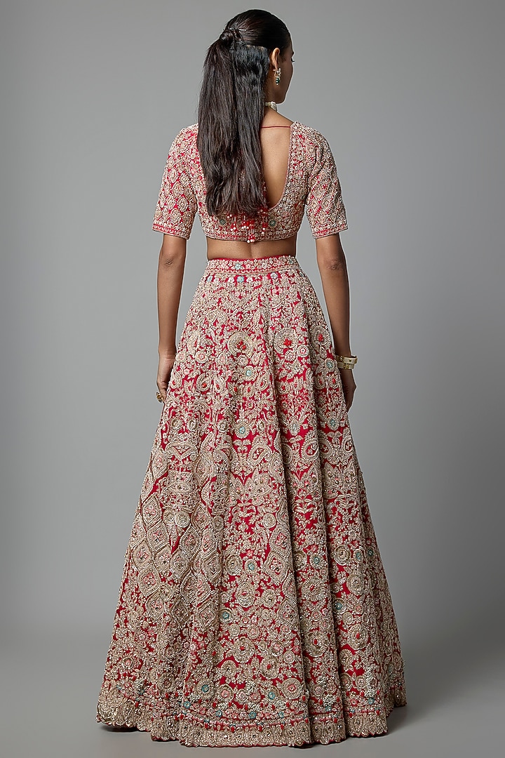 Red Raw Silk Embroidered Bridal Lehenga Set by Kalighata at Pernia's Pop Up Shop