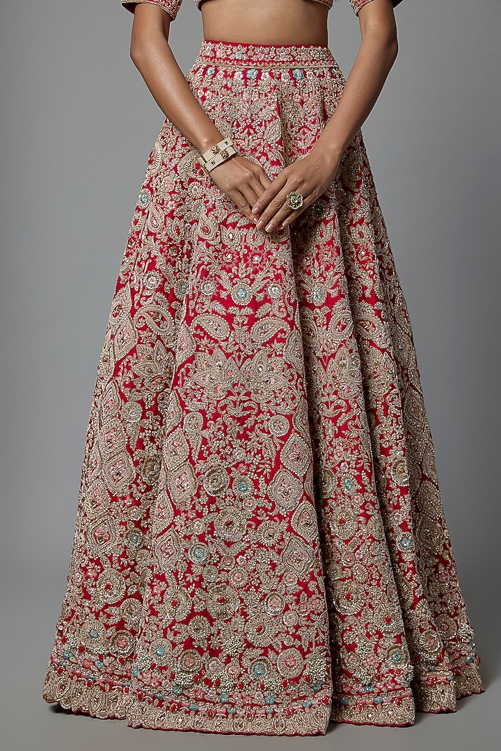 Red Raw Silk Embroidered Bridal Lehenga Set by Kalighata at Pernia's Pop Up Shop