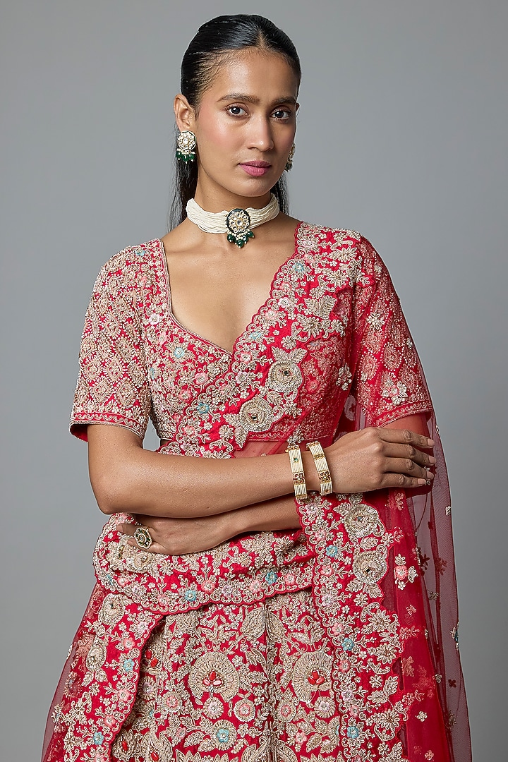 Red Raw Silk Embroidered Bridal Lehenga Set by Kalighata at Pernia's Pop Up Shop