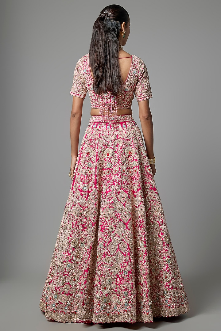 Rani Pink Raw Silk Embroidered Bridal Lehenga Set by Kalighata at Pernia's Pop Up Shop