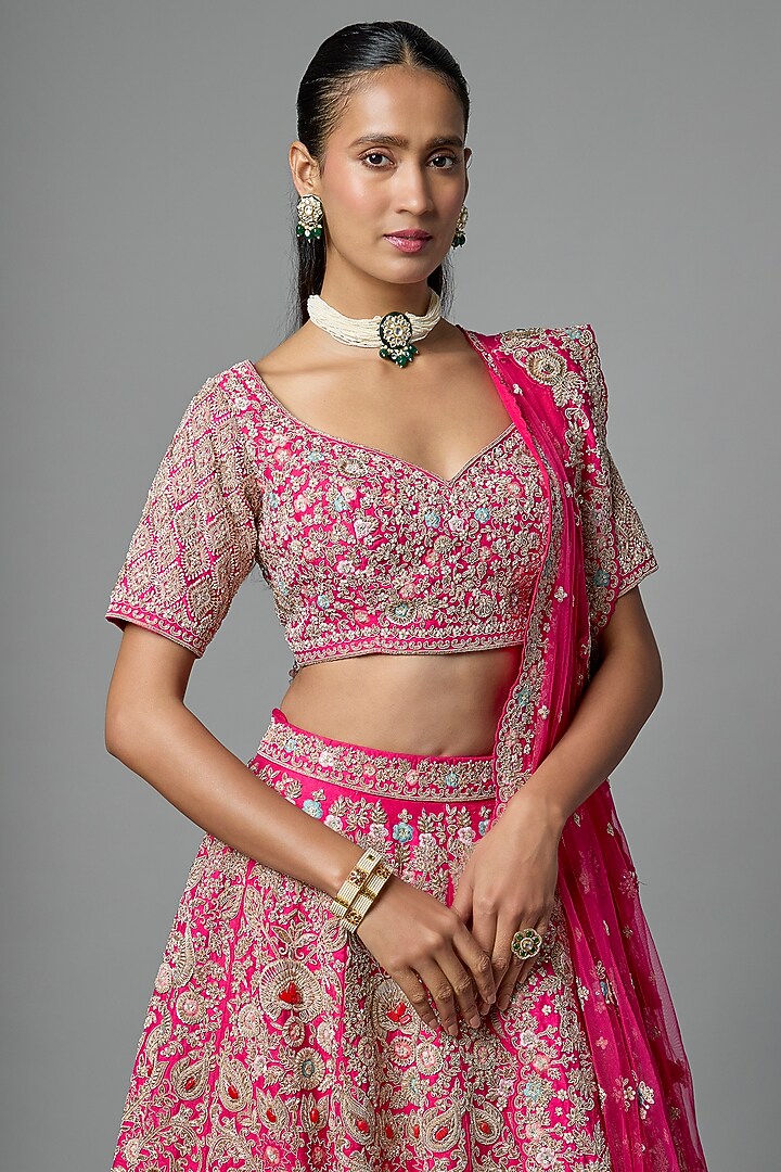 Rani Pink Raw Silk Embroidered Bridal Lehenga Set by Kalighata at Pernia's Pop Up Shop