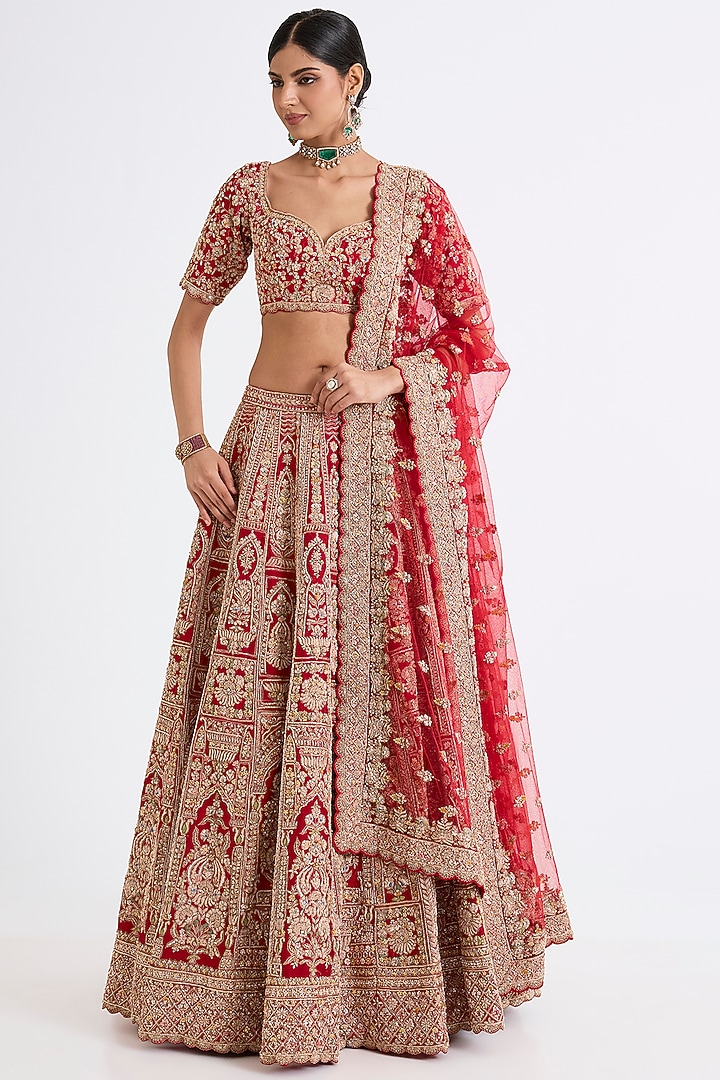 Red Raw Silk Zari Hand & Machine Embroidered Bridal lehenga for 22 Lehenga Set by Kalighata at Pernia's Pop Up Shop