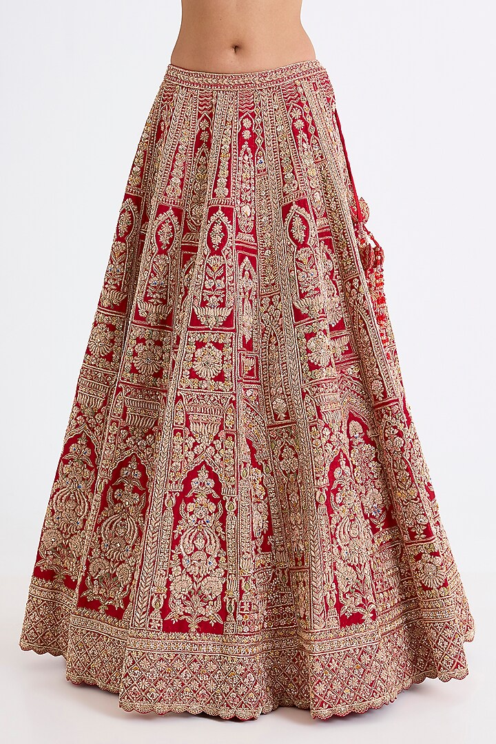 Red Raw Silk Zari Hand & Machine Embroidered Bridal Lehenga Set by Kalighata at Pernia's Pop Up Shop
