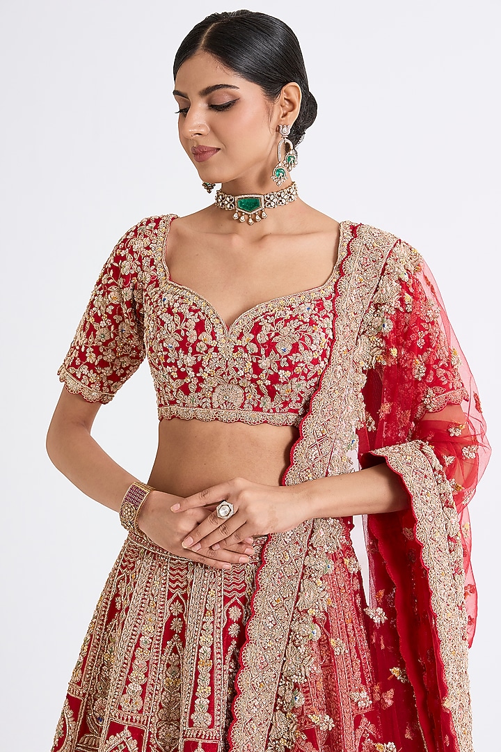 Red Raw Silk Zari Hand & Machine Embroidered Bridal Lehenga Set by Kalighata at Pernia's Pop Up Shop