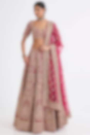 Rani Pink Raw Silk Hand & Machine Embroidered Bridal Lehenga Set by Kalighata at Pernia's Pop Up Shop