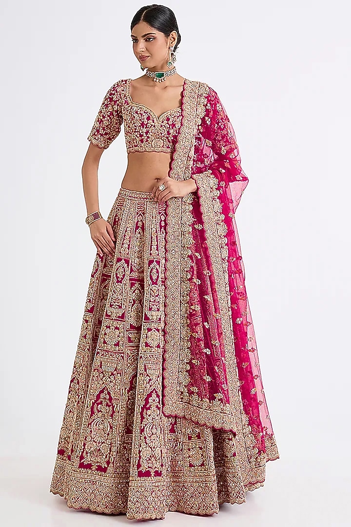 Rani Pink Raw Silk Hand & Machine Embroidered Bridal Lehenga Set by Kalighata at Pernia's Pop Up Shop
