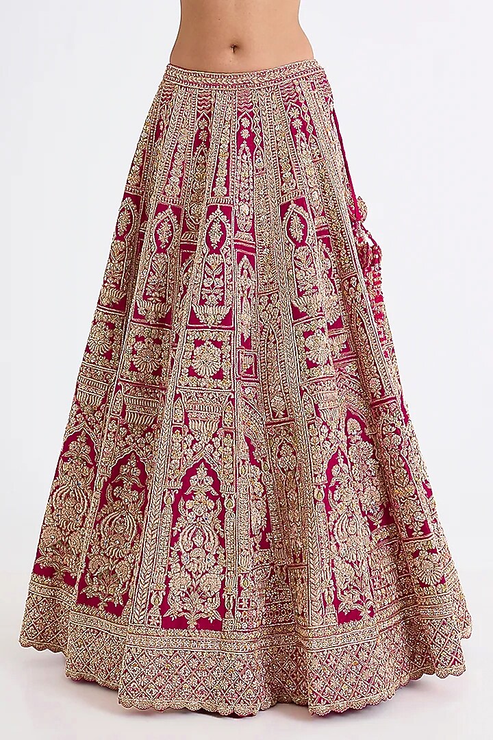 Rani Pink Raw Silk Hand & Machine Embroidered Bridal Lehenga Set by Kalighata at Pernia's Pop Up Shop