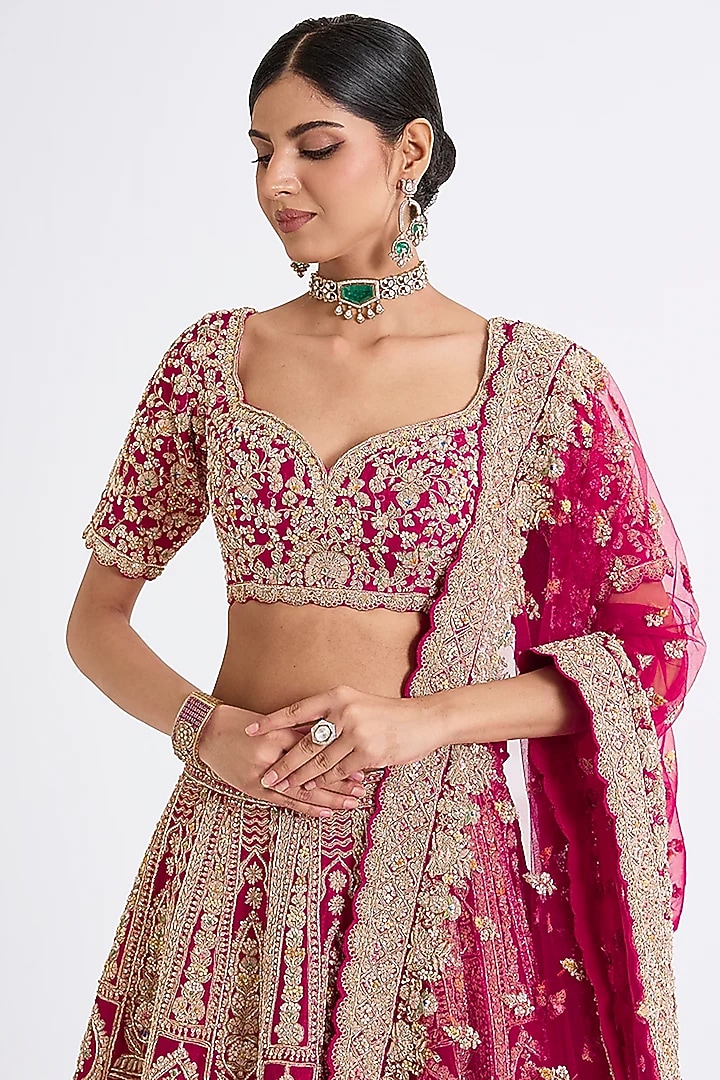 Rani Pink Raw Silk Hand & Machine Embroidered Bridal Lehenga Set by Kalighata at Pernia's Pop Up Shop