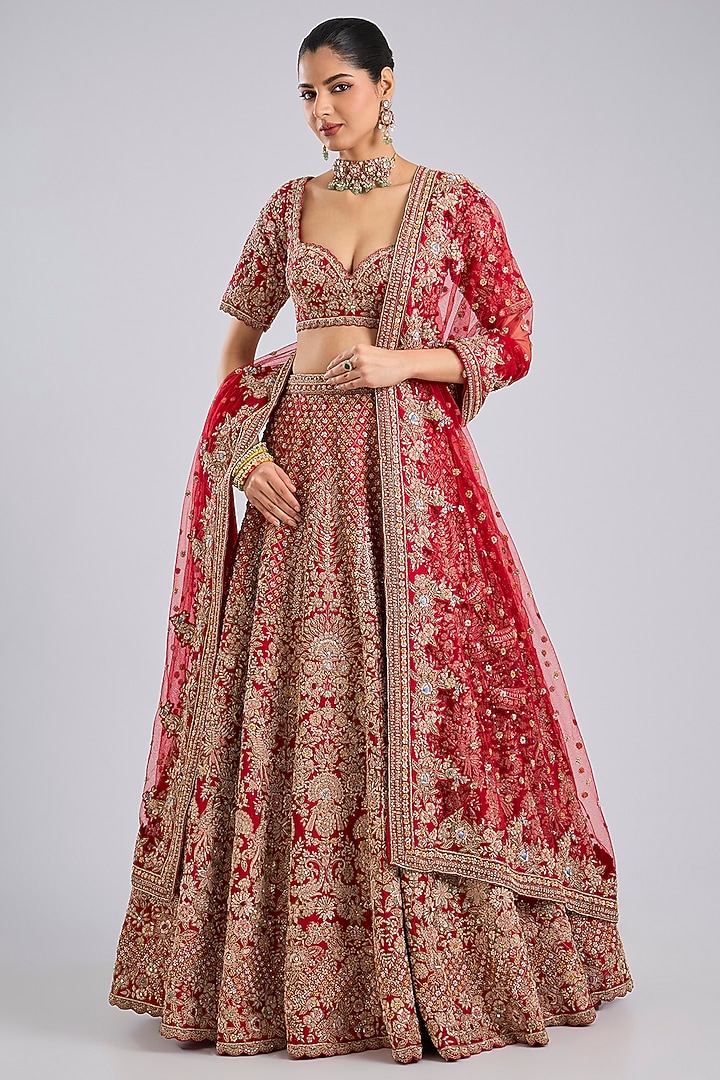 Red Raw Silk Bridal Lehenga Set by Kalighata at Pernia's Pop Up Shop
