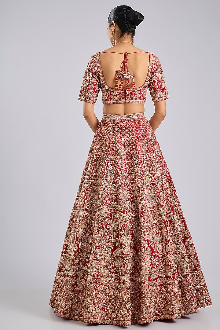 Red Raw Silk Bridal Lehenga Set by Kalighata at Pernia's Pop Up Shop