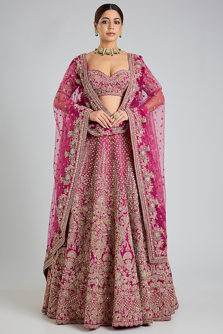 Rani Pink Raw Silk Bridal Lehenga Set by Kalighata at Pernia's Pop Up Shop